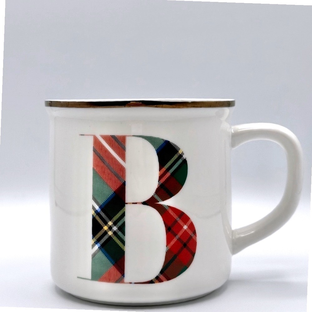 Pottery Barn Plaid Initial B Mug Off White Goldβ Rim Ceramic Coffee Cup